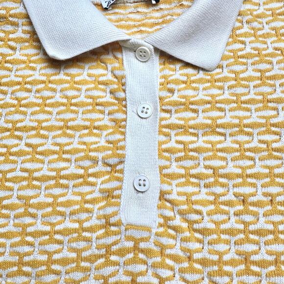 Zara | Women | Yellow Jacquard Texture Knit Cropped Polo Top | Size Small - Picture 7 of 9